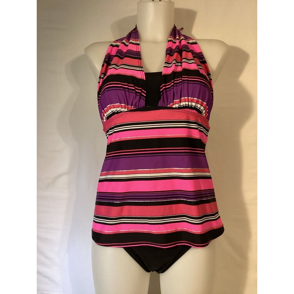 1569 NWT Bikini Bay M/M 74T PPST 3 Way Tankini Black/Pink/Purple Stripe Size 6
